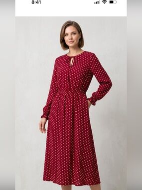 Red Polka Dot Midi Dress – Long Sleeve, Boho Chic, Elegant & Comfortable